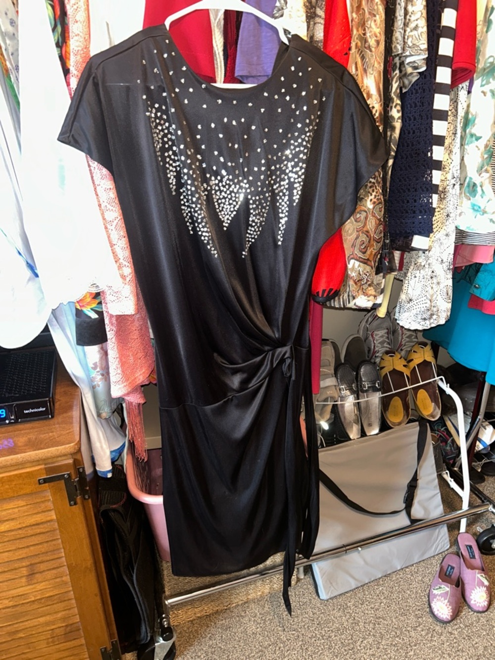 Black Evening Wrap Dress with Embellished Neckline